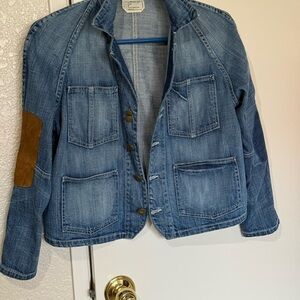 Current/Elliott Blue Denim Jacket with Brown Elbow Suede Elbow Patch